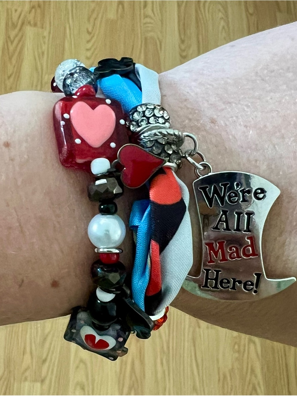 Alice in Wonderland 'We're All Mad Here' Charm Bracelet Set - Red Heart Accents